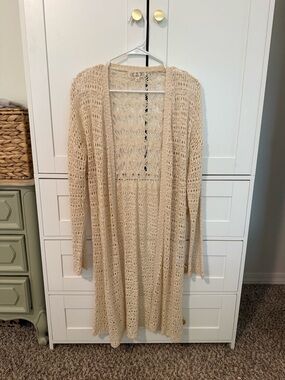 Pink Rose Open Knit Longline Cardigan in Cream